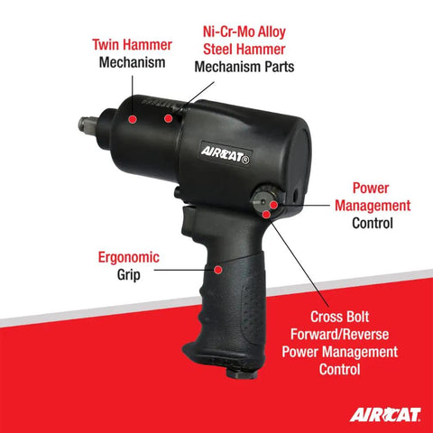 Heavy Duty One Half Inch Impact Wrench With Eight Hundred Ft Lbs Max Torque And One Thousand Ft Lbs Loosening Torque Twin Hammer Mechanism Ni Cr Mo Alloy Steel Triple Hardened For Ultimate Reliability Ergonomic Grip Black Finish