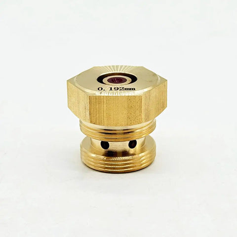 0.192mm Ruby EDM Wire Guide Nozzle With Flat Head And Extended Height for Wire Cutting Machines, brass finish, viewed from side