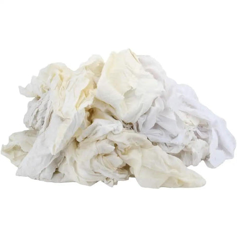 Pile of Reclaimed White Cotton Shop Rags 25 Lb Box, 18 Inch Towels, Bulk Cleaning Towels for Dusting Polishing Staining