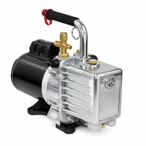 Built Like A Tank SBR Rubber Vacuum Pump Feet Push In Mount Engineered For DV Series Equipment Kickass Vibration Isolation Pads 1 Inch Outer Diameter Half Inch Stem Replacement Pack Of 8 next to a vacuum pump with metallic finish and handle.
