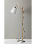 Walden Floor Lamp With Natural Wood Body On Satin Steel Base, Off White Poly Cotton Bell Shade, Height Adjustable From 53 To 61 Inches