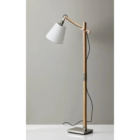 Walden Floor Lamp With Natural Wood Body On Satin Steel Base, Off White Poly Cotton Bell Shade, Height Adjustable From 53 To 61 Inches