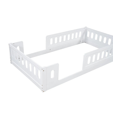 Twin Size Montessori Floor Bed With Safe Guardrails For Toddlers, White Wood Frame, Low To The Ground Design For Easy In And Out