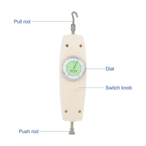 200N Handheld Analog Dynamometer Force Tester With Dial Gauge For Electronics, Hardware, And Auto Parts, Push Pull Gauge Meter, Bench Mount Ready, Portable Force Gauge For Precise Push And Pull Measurements on white background with pull and push rods