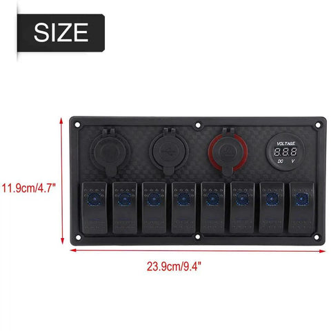 8 Gang Marine Switch Panel For Cars Boats And RVs 12V 24V LED Switch Panel With Dual USB Ports Voltmeter And Cigarette Lighter Waterproof