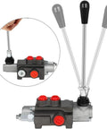 Hydraulic flow control valve, front view, three metal levers with red adjustment caps on black body.