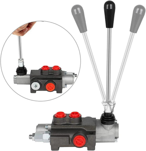 Hydraulic flow control valve, front view, three metal levers with red adjustment caps on black body.