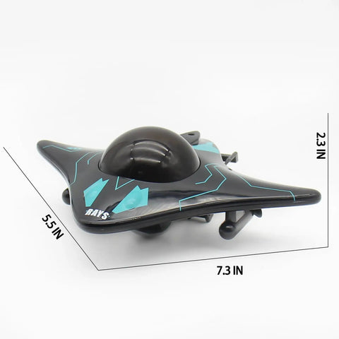 Six Channel RC Boat With Dope Camera, Waterproof Remote Control Boat, black and blue, dimensions labeled 7.3x5.5x2.3 inches
