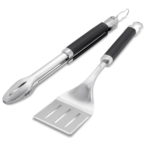 Precision Tongs And Spatula Grilling Tool Set with Hands Free Locking Tongs and 3 Sided Beveled Spatula on white background