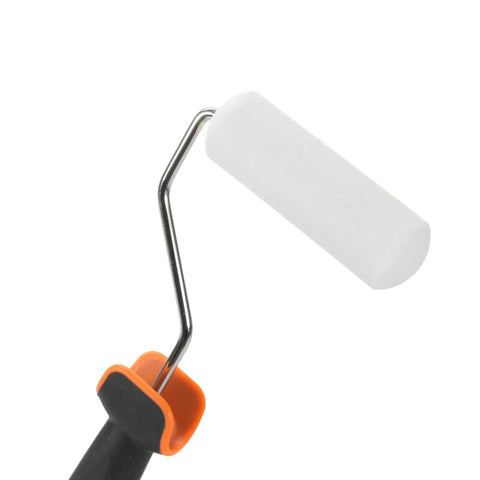 7 Piece 4 Inch Paint Roller Kit With Acrylic Polyester And Foam Covers Deluxe Plastic Tray DIY Friendly Ergo Grip Frame And Rubber Handle For Interior Exterior Walls Furniture And Quick Touch Ups, showing foam roller with ergo grip handle.