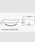 USZWBY Bathroom Vessel Sink Vanity Tempered Glass Vessel Bowl Sink dimensions illustration, oval shape, 540mm by 360mm, 12mm thick.