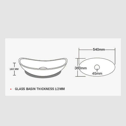 USZWBY Bathroom Vessel Sink Vanity Tempered Glass Vessel Bowl Sink dimensions illustration, oval shape, 540mm by 360mm, 12mm thick.