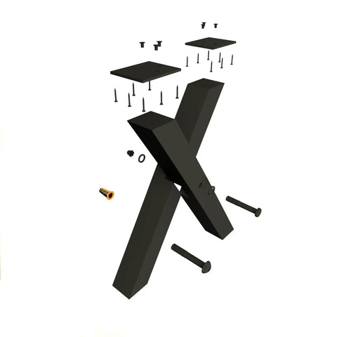 Exploded view of Beefy Heavy Duty 28 Inch Black Metal Table Legs Set Of 2 X Frame Design for indoor outdoor use