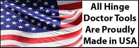 USA flag with text 'All Hinge Doctor Tools Are Proudly Made in USA' representing HA2 AB Residential Hinge Repair Kit With Free Storage Box Includes HA2a And HA2b Tools USA Made Hinges Adjusters Durable DIY Door Hinge Tool Set For Home Improvement Fits Different Hinge Sizes.