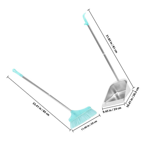 Heavy Duty Broom And Dustpan Set With Stand Up Broom Stainless Steel Anti Wind Dustpan For Home And Office Cleaning Easy Breezy Storage Lightweight And Durable For Quick Cleanups, with sizes shown