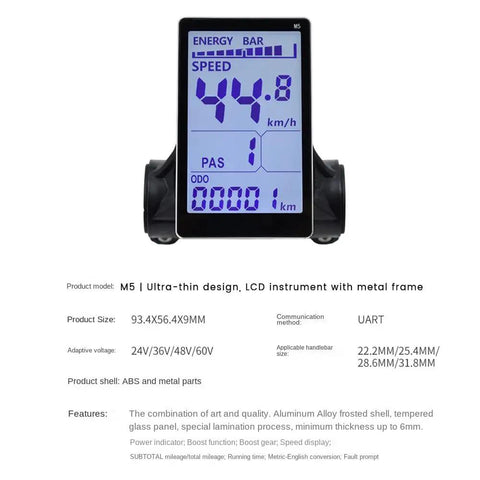M5 Electric Bike LCD Display Meter For Mountain Ebikes And Scooters Ready For Any Ride 24V To 60V Adjustable Voltage 5Pin UART Panel Screen Replacement Ultra Thin Aluminum Frame Waterproof Handlebar Compatible