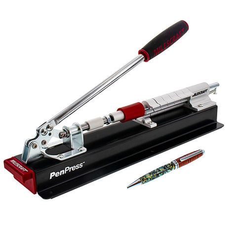 Pen Press For Turned Pens And Projects With Spring Loaded Design And Six Quick Flip Stops For Easy Size Adjustments, shown with pen.