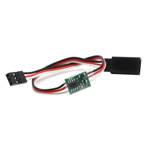 Side view of a 1-piece 5-6V steering gear slow servo delay module with red, black and white wires and a green PCB.