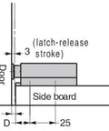 MLZN80BL metal magnetic latch installation diagram showing 3-stroke latch-release between door and side board.