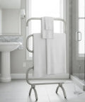 Classic 37.5-Inch Nickel Heated Towel Warmer Rack with 4 Bars in modern bathroom, freestanding, towel drying