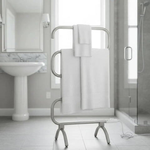 Classic 37.5-Inch Nickel Heated Towel Warmer Rack with 4 Bars in modern bathroom, freestanding, towel drying