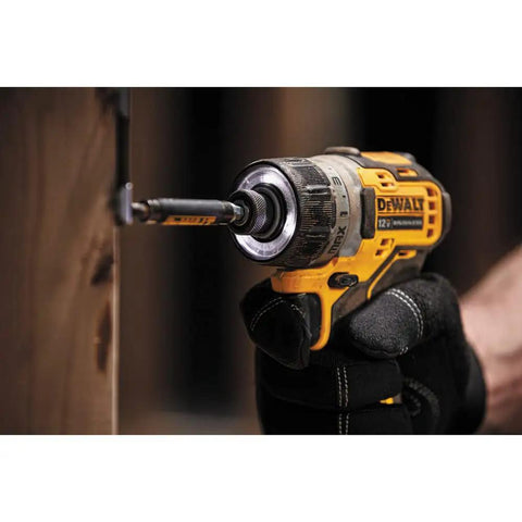 Xtreme 12V Cordless Screwdriver With Brushless Motor in use on wood, one quarter inch quick release hex visible