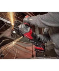 Heavy Duty Brushless Power Angle Grinder Kit With 9000 Rpm Motor And Smart Battery Tech in action cutting metal with sparks.
