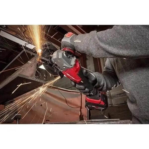Heavy Duty Brushless Power Angle Grinder Kit With 9000 Rpm Motor And Smart Battery Tech in action cutting metal with sparks.