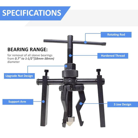 Beefy Three Jaw Inner Bearing Puller Set With Jaw Pilot Bearing Puller Bushing Gear Extractor front view with specifications