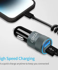 Road Ready MFi Certified Dual Port Car Charger Adapter With Snappy Coiled Cord Delivers Swift 4.8 Amp Output for Apple and Android devices.