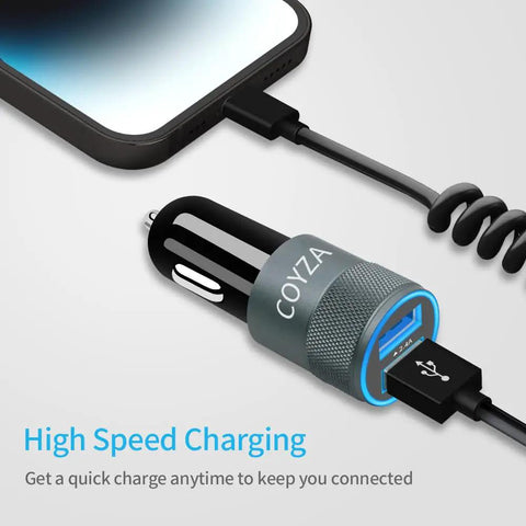 Road Ready MFi Certified Dual Port Car Charger Adapter With Snappy Coiled Cord Delivers Swift 4.8 Amp Output for Apple and Android devices.