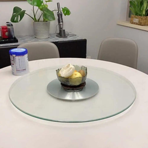 Kickass Heavy Duty Lazy Susan Turntable With Thick Tempered Glass Top and Stainless Steel Bearings for Dining Table with fruit bowl.