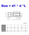 Diagram of 304 Stainless Steel Internal Threaded Dowel Pins Set, size chart with dimensions and measurements in mm.