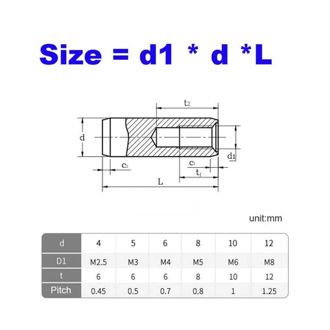 Diagram of 304 Stainless Steel Internal Threaded Dowel Pins Set, size chart with dimensions and measurements in mm.