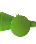 Green Chicken Powder Duster With Puff Food Grade Dusting Dispenser for coops and plants, ergonomic design, side view.