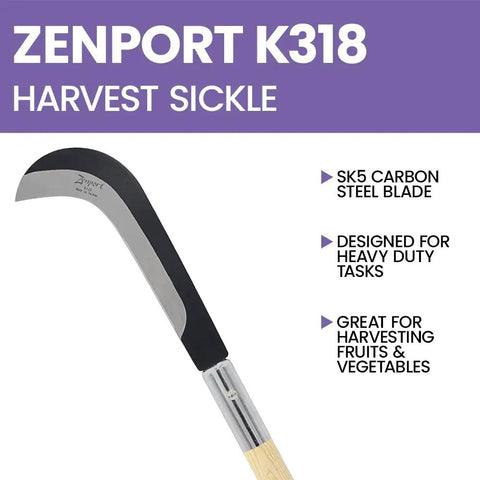 Zenport K318 harvest sickle with SK5 carbon steel blade, designed for heavy duty tasks and great for harvesting fruits and vegetables.