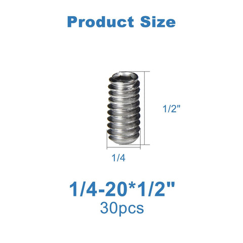 30 Pack 1/4-20 X 1/2 Inch Stainless Steel Set Screws Hex Allen Head Socket Bolts Cup Point Internal Drive