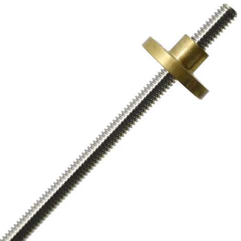 Close-up of the 100 Millimeter T5x2 Lead Screw and Brass Nut Kit for 3D Printer and CNC Z Axis 1mm Pitch Two Starts Two Millimeter Lead
