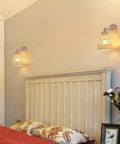 White Wall Sconces Set Of 2 With Adjustable 240 Degree Swing Arm Dope Boho Rattan Cage Lamps above bedroom headboard