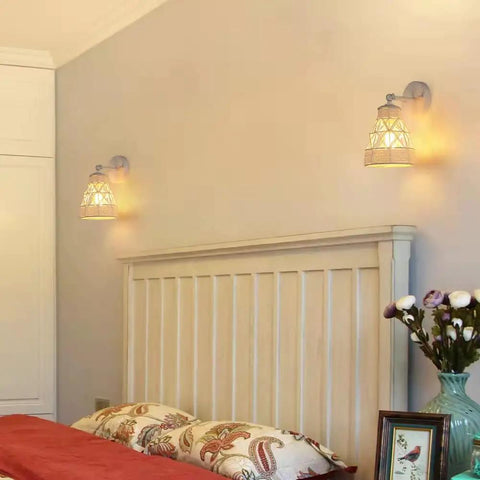 White Wall Sconces Set Of 2 With Adjustable 240 Degree Swing Arm Dope Boho Rattan Cage Lamps above bedroom headboard