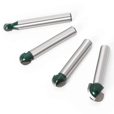 Four Piece 1/4 Inch Shank Round Nose Core Box Router Bits Set For CNC Sign Making And Woodworking with 1/2, 3/8, 5/16, 1/4 inch sizes