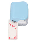 Top view of Three Hole Paper Punch Handheld Office And School Multi Size Puncher for A4 B5 A5 A6 A7 paper with blue body and scrap tray