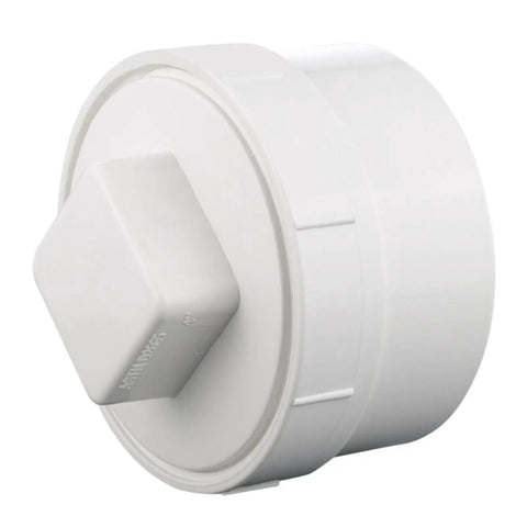 Front view of 6-Inch PVC DWV Cleanout Plug Cap Female Sewer Adapter Fitting for Drainage Systems White for Home and Pro Use
