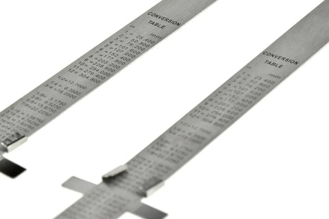 Stainless Steel SAE And Metric Ruler Set With Detachable Clips, showing conversion tables, 6 Inch SAE Ruler And 150 Mm Metric Ruler