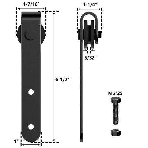 Diagram of measurements for Super Mini Cabinet Sliding Barn Door Hardware Kit For Wardrobe And TV Stand, black, with bolt details.