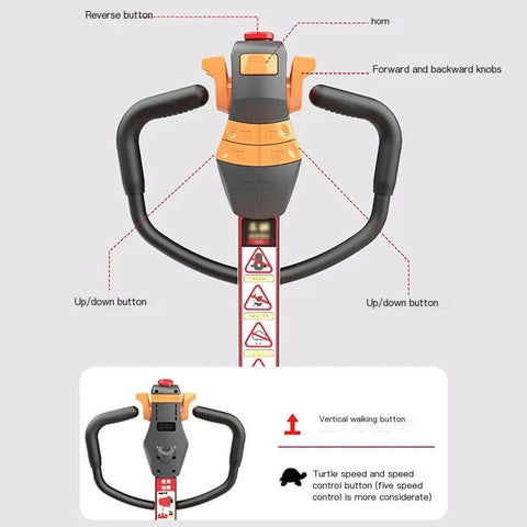 Heavy Duty Full Electric Pallet Jack Truck With 6600 Lb Capacity control panel featuring buttons and knobs for up/down and speed adjustments.
