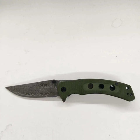 Damascus Folding Knife With Super Sharp 3.26 Inch Blade And Tough G10 Handle Liner Lock EDC in green on white background