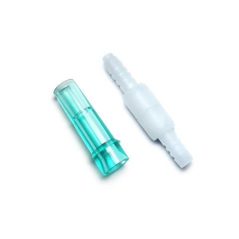 Oxygen tubing swivel connector pair: teal translucent inline connector and white swivel end adapter cannula/tube.