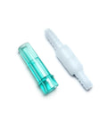 Two plastic oxygen-tubing swivel connectors, teal and white, with ribbed barbed ends (front view).