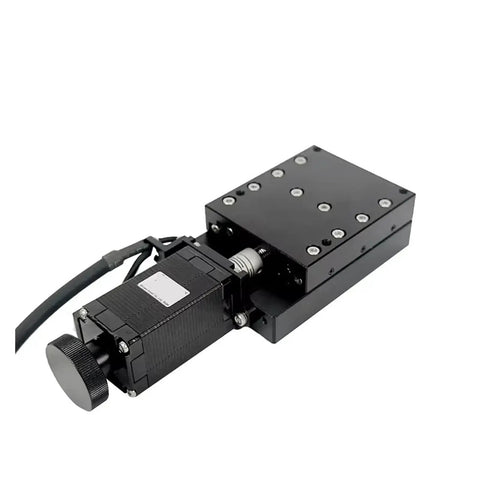 Knockout Precision Motorized Linear Translation Stage With Electric X Axis Displacement Platform And Silent Stepper Motor Drive, showing black aluminum build with motor.